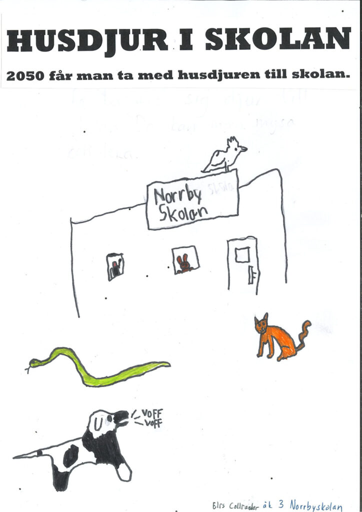 Teckning föreställande en skola och husdjur.